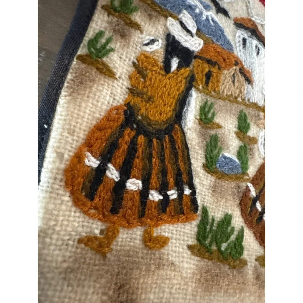 Hand Embroidered Arpillera Folk Art Oven Mitt Andean Village Scene Boho Decor